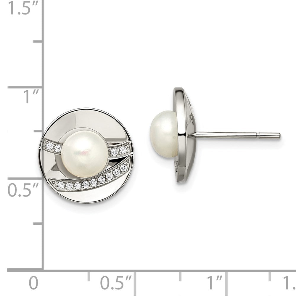 Stainless Steel Polished CZ and FWC Pearl Post Earrings