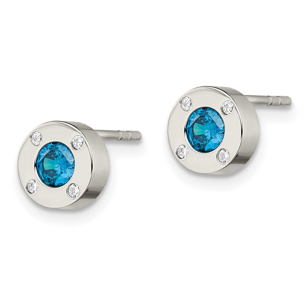 Stainless Steel Polished Blue and Clear CZ Post Earrings