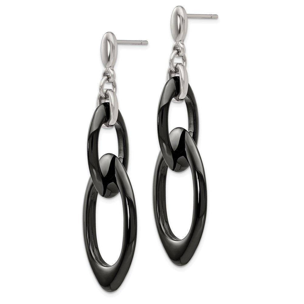 Stainless Steel Polished w/Black Ceramic Post Dangle Earrings
