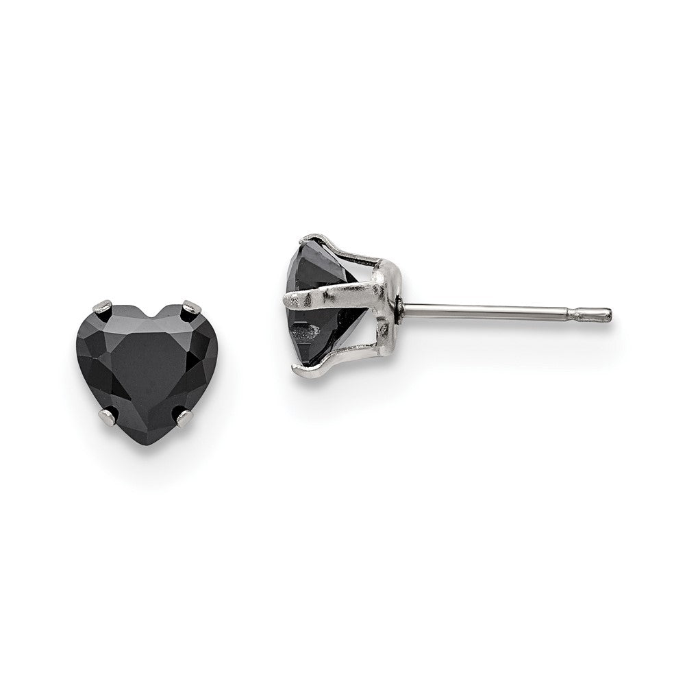 Stainless Steel Polished 7mm Black Heart CZ Stud Post Earrings