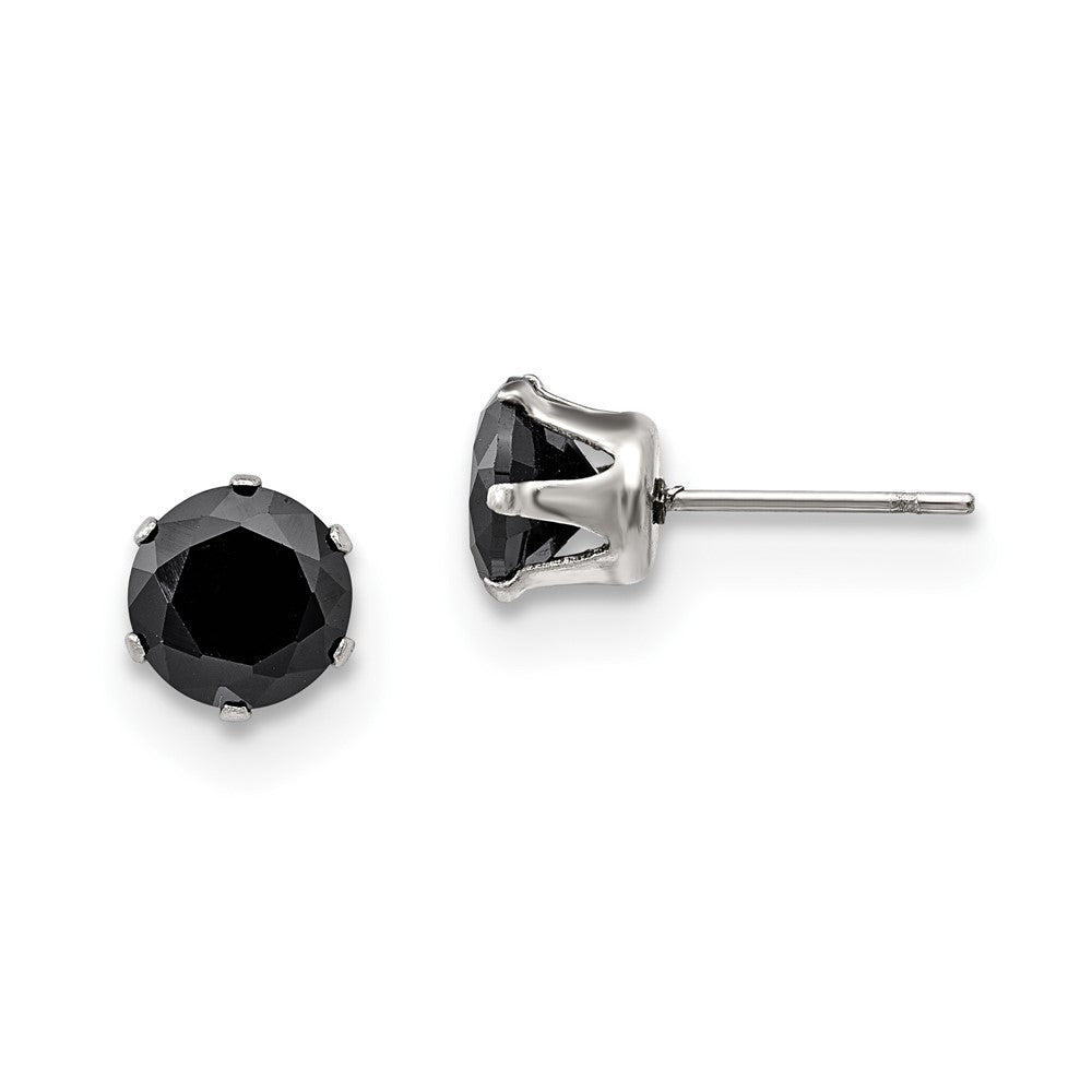 Stainless Steel Polished 7mm Black Round CZ Stud Post Earrings