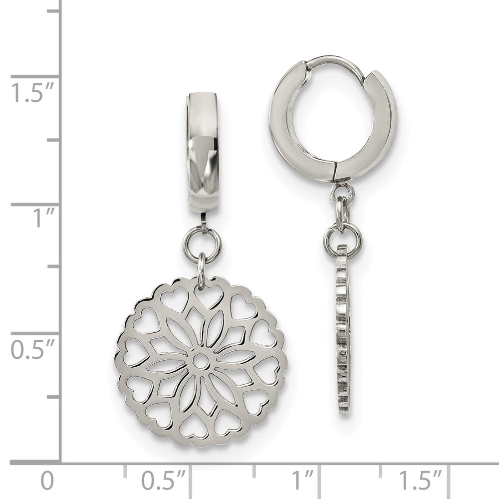 Stainless Steel Polished Flower Dangle Hinged Hoop Earrings
