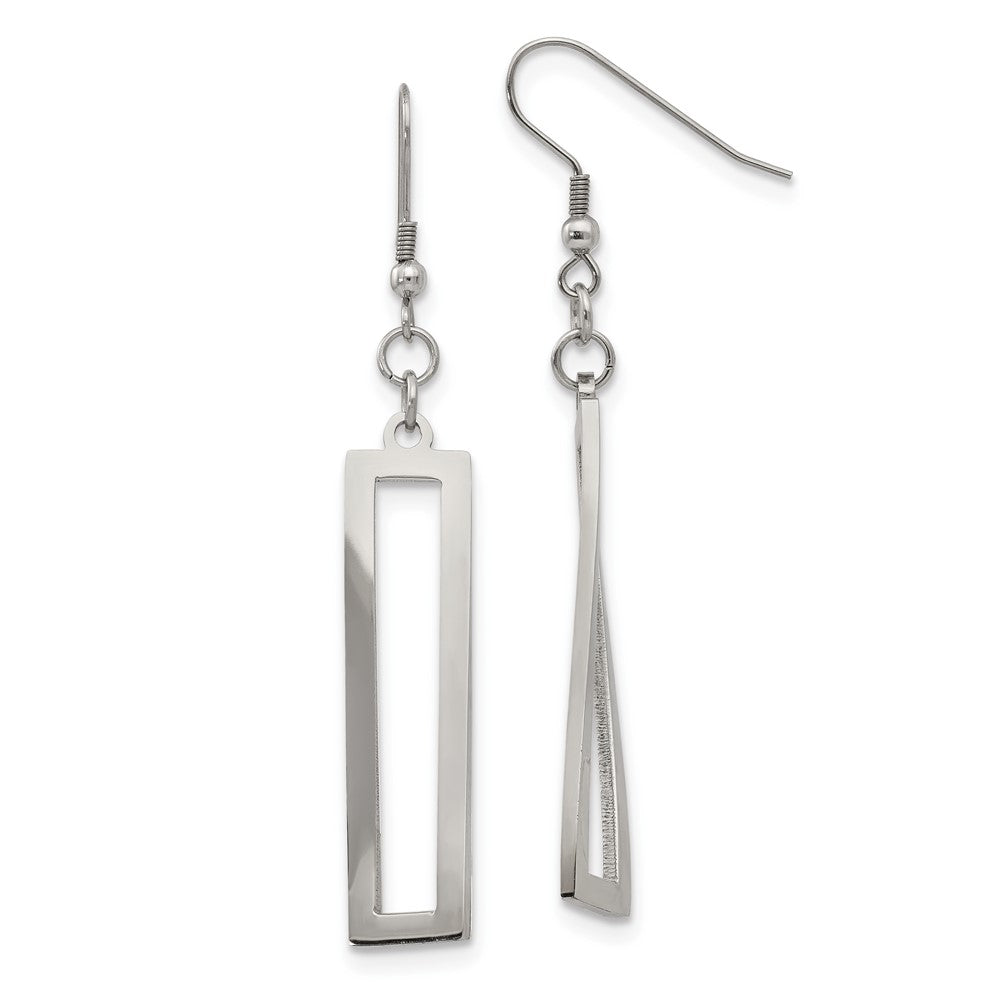 Stainless Steel Polished Twisted Rectangle Dangle Shepherd Hook Earrings