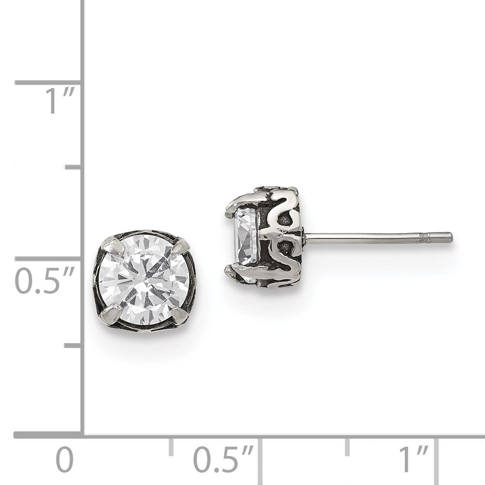 Stainless Steel Antiqued and Polished CZ Post Earrings