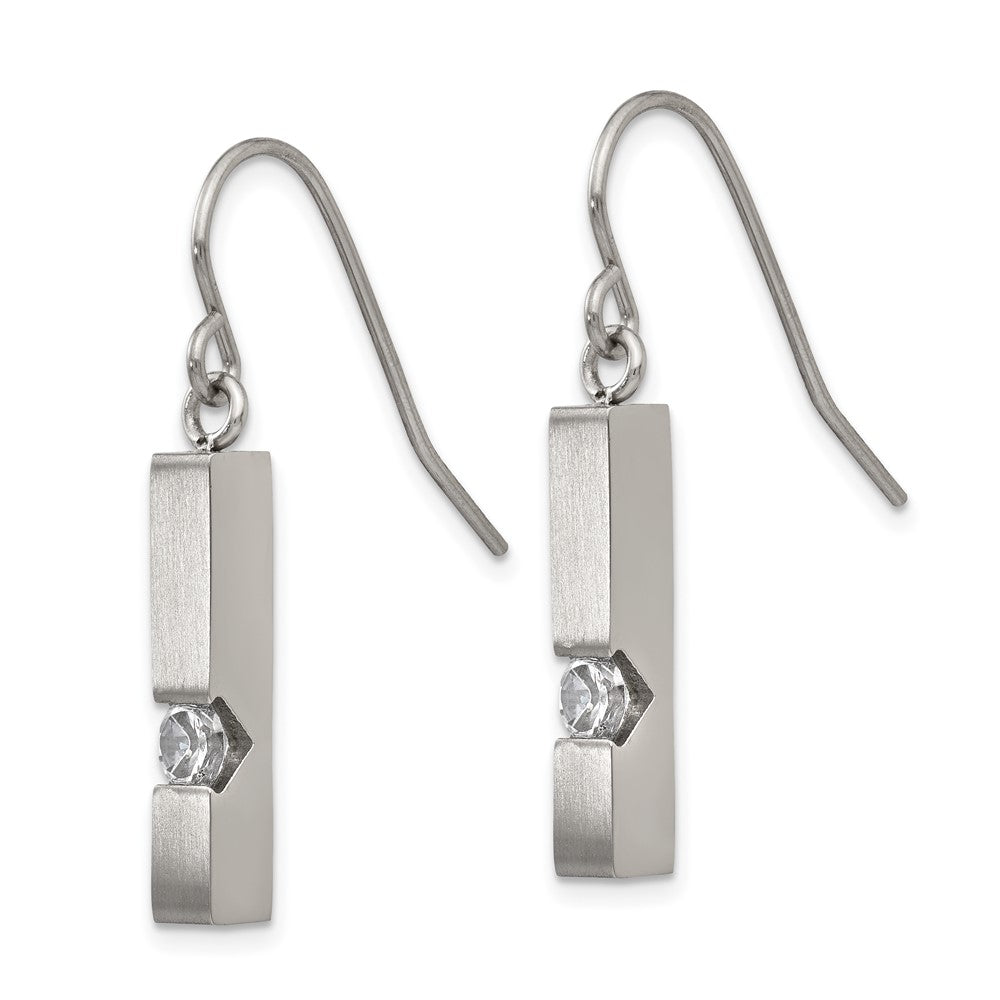 Stainless Steel Brushed and Polished w/CZ Bar Shepherd Hook Earrings