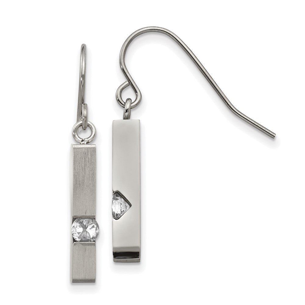 Stainless Steel Brushed and Polished w/CZ Bar Shepherd Hook Earrings