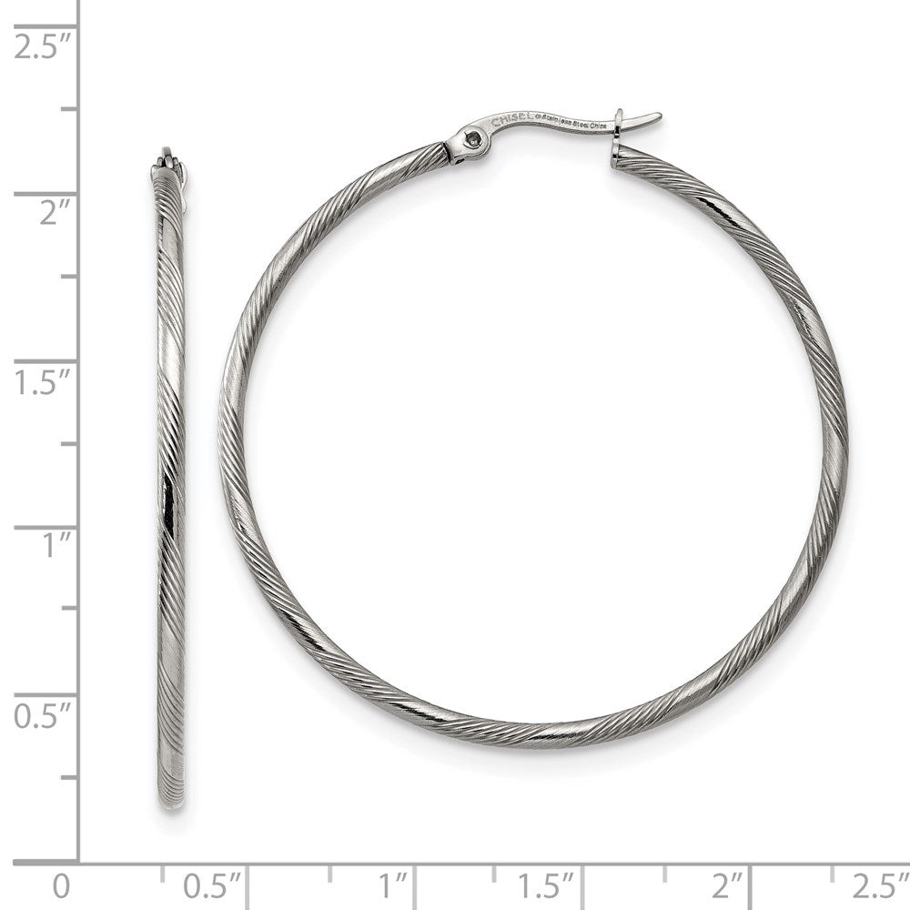 Stainless Steel Polished and Textured Hinged Hoop Earrings