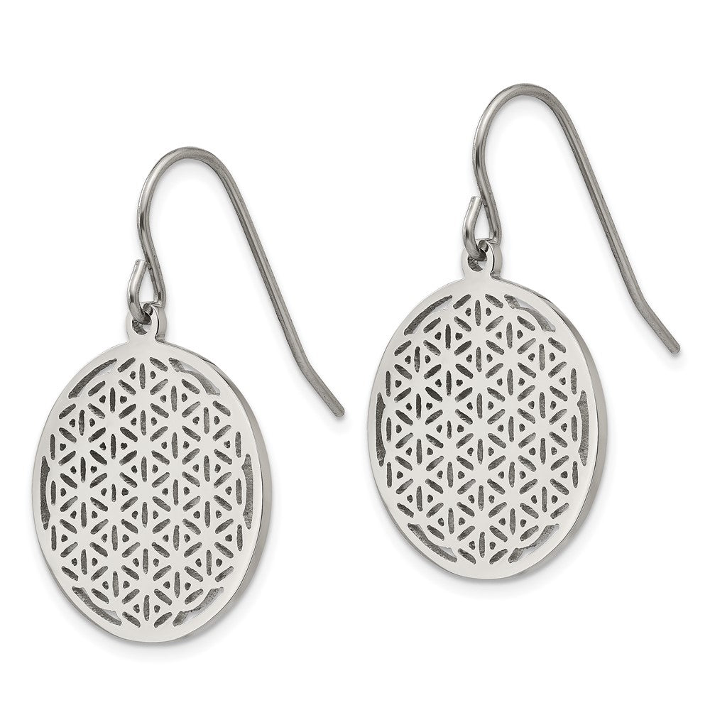 Stainless Steel Polished Flower Cut-out Dangle Shepherd Hook Earrings