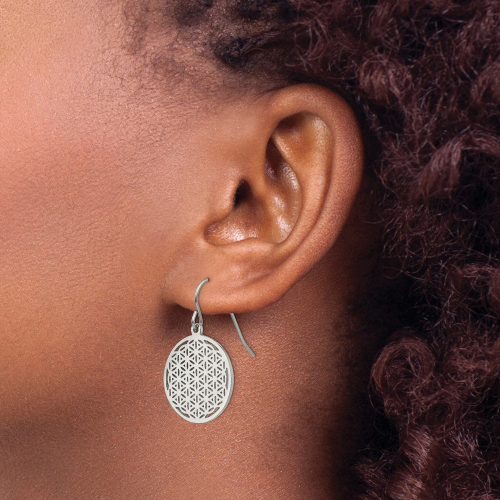 Stainless Steel Polished Flower Cut-out Dangle Shepherd Hook Earrings