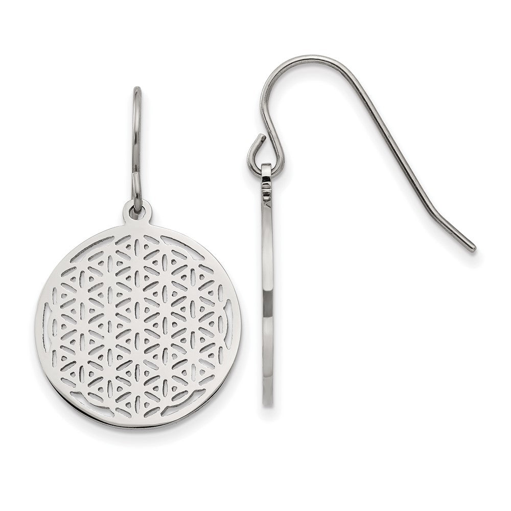 Stainless Steel Polished Flower Cut-out Dangle Shepherd Hook Earrings
