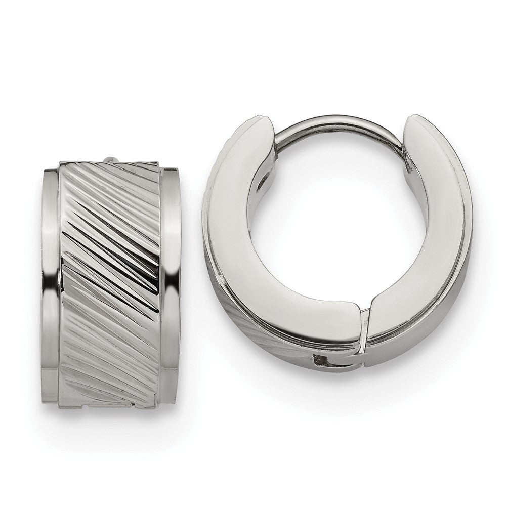Stainless Steel Polished and Textured 7mm Hinged Hoop Earrings