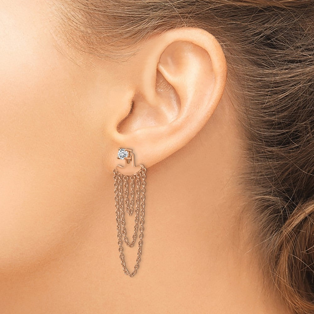 Stainless Steel Polished Rose IP-plated CZ Post w/ Jacket Earrings
