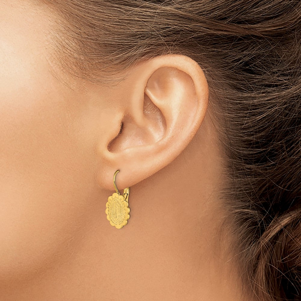 Stainless Steel Polished Yellow IP Etched Lady of Guadalupe Earrings