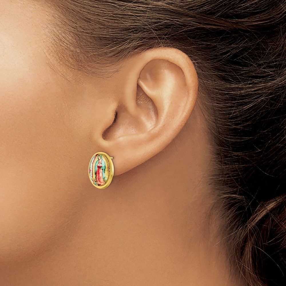 Stainless Steel Polished Yellow IP Enamel Lady of Guadalupe Post Earrings
