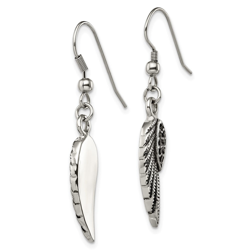 Stainless Steel Antiqued & Polished w/Black Crystal Wings Dangle Earrings