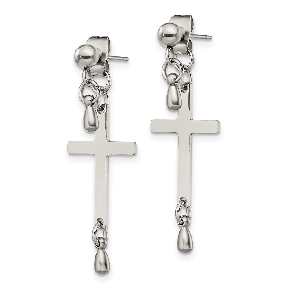 Stainless Steel Polished Cross Dangle Front and Back Post Earrings