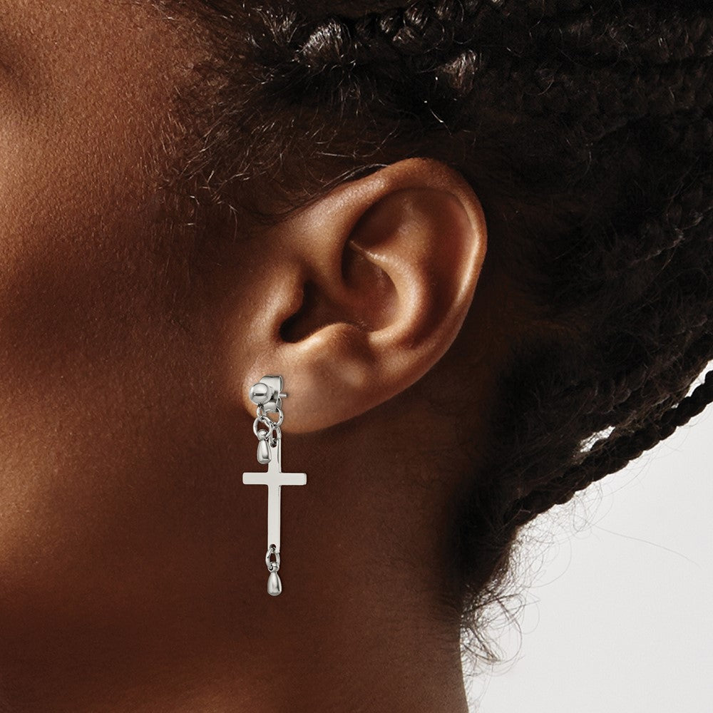 Stainless Steel Polished Cross Dangle Front and Back Post Earrings