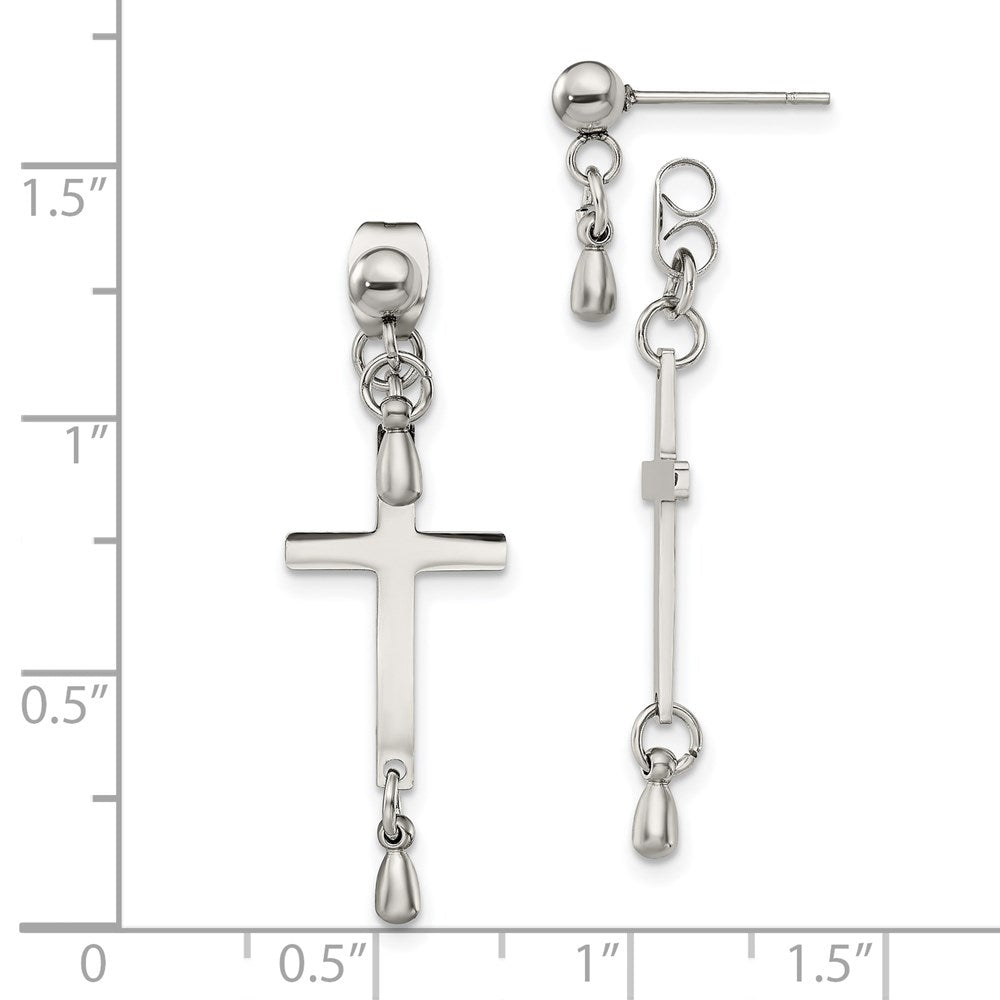 Stainless Steel Polished Cross Dangle Front and Back Post Earrings