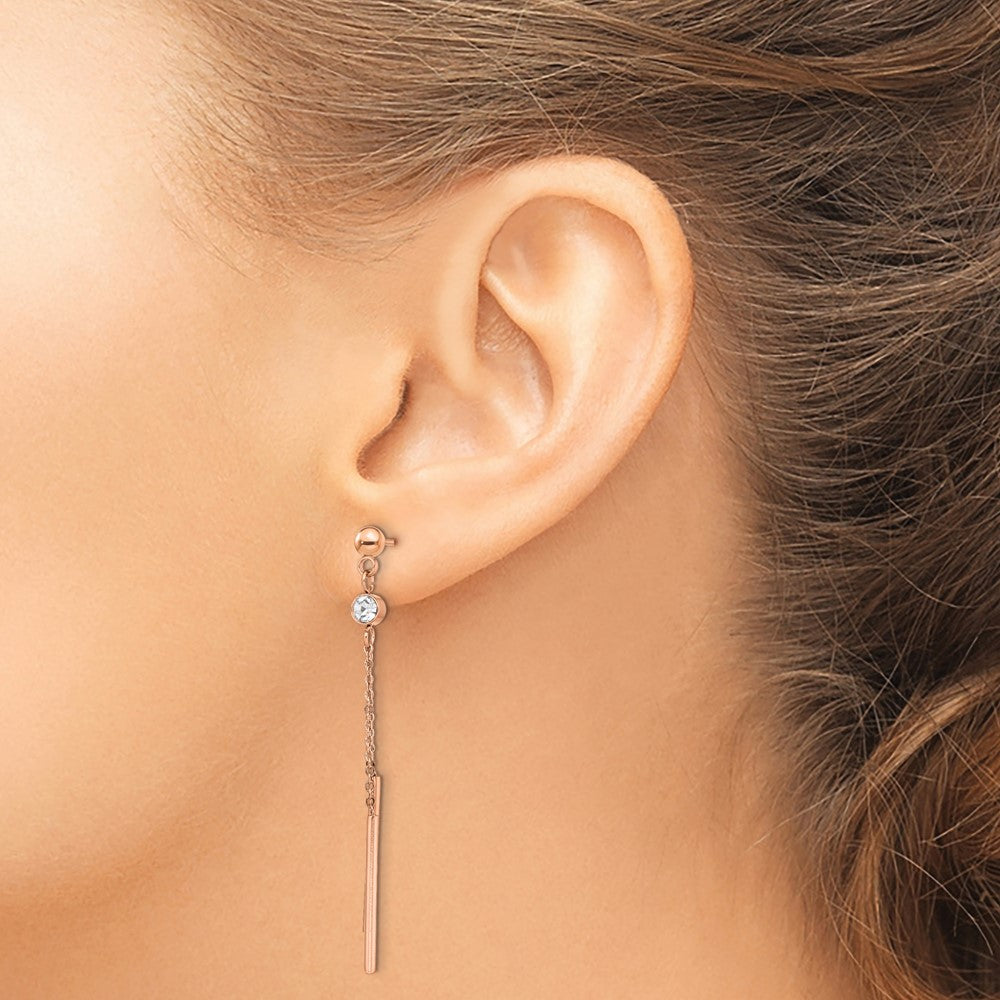 Stainless Steel Polished Rose IP-plated w/Crystal Bar Post Dangle Earrings