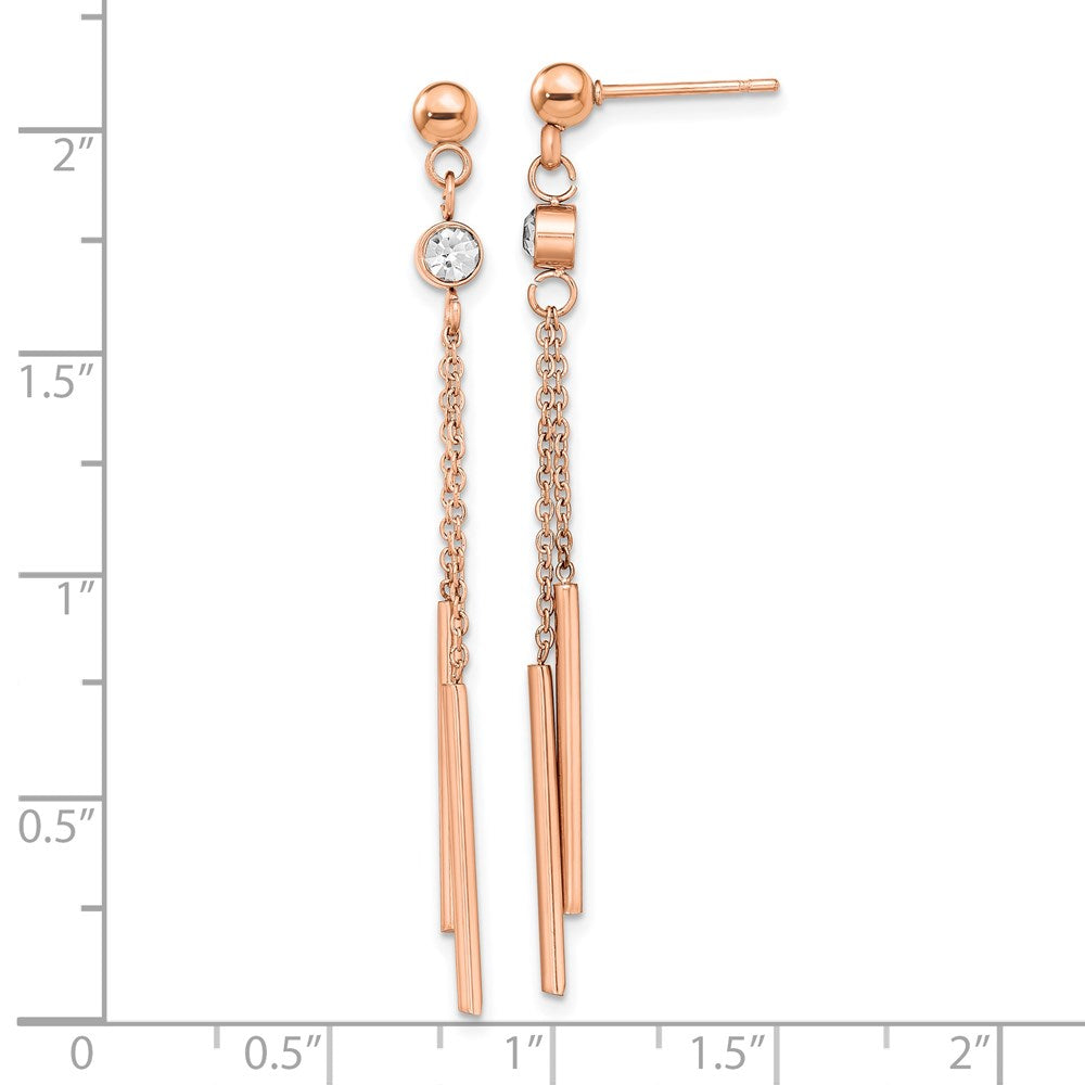 Stainless Steel Polished Rose IP-plated w/Crystal Bar Post Dangle Earrings