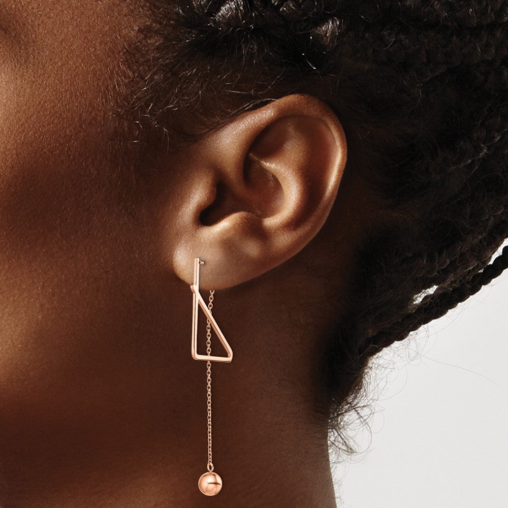 Stainless Steel Polished Rose IP Front & Back Post Ball Dangle Earrings