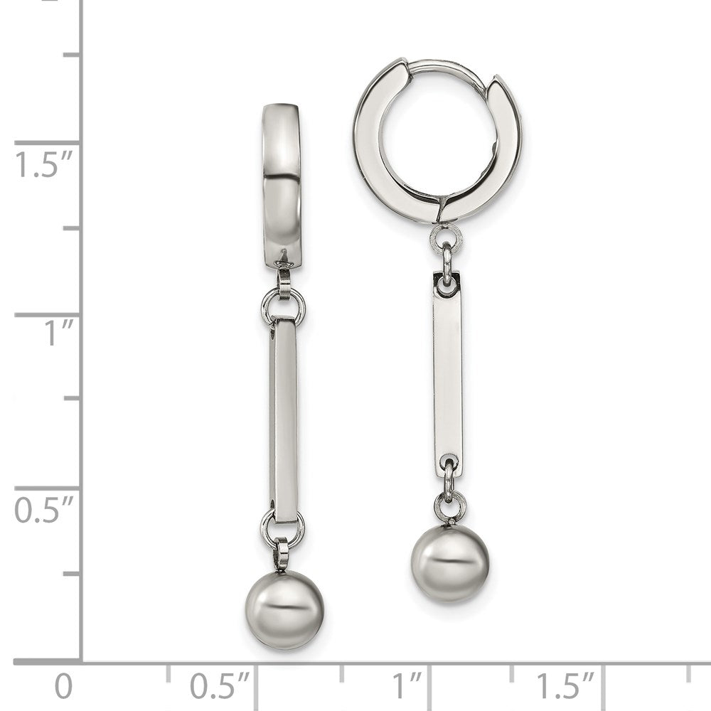 Stainless Steel Polished with Bar & Ball Dangle Hinged Hoop Earrings