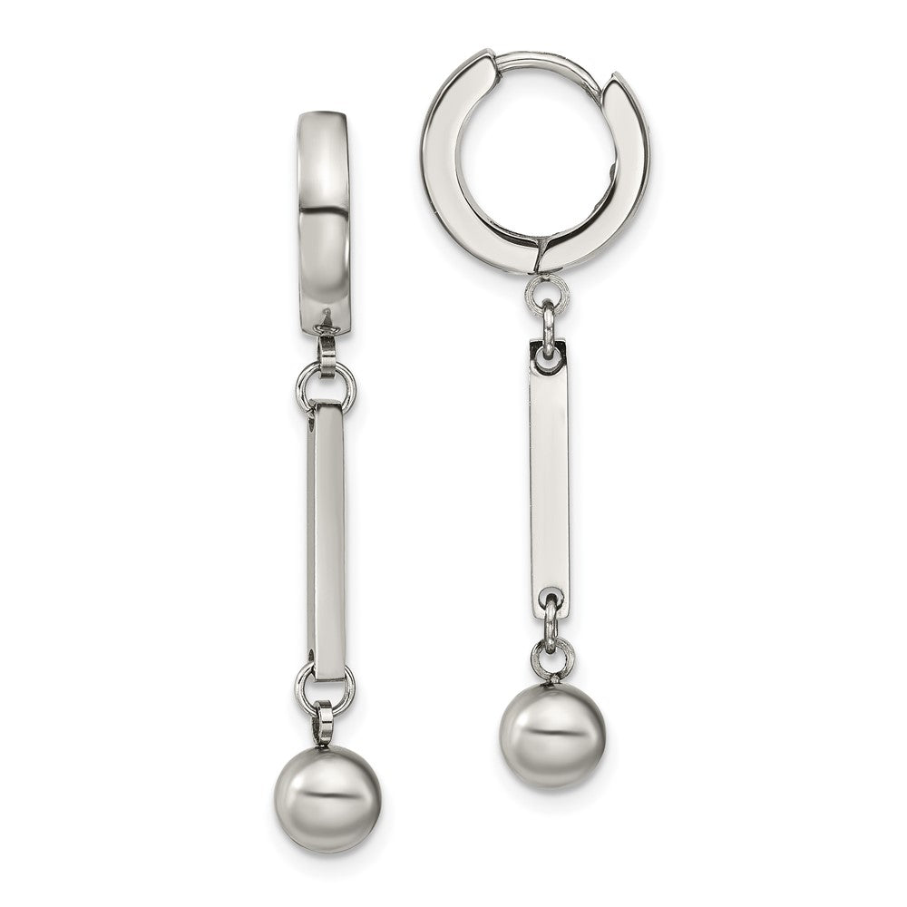 Stainless Steel Polished with Bar & Ball Dangle Hinged Hoop Earrings