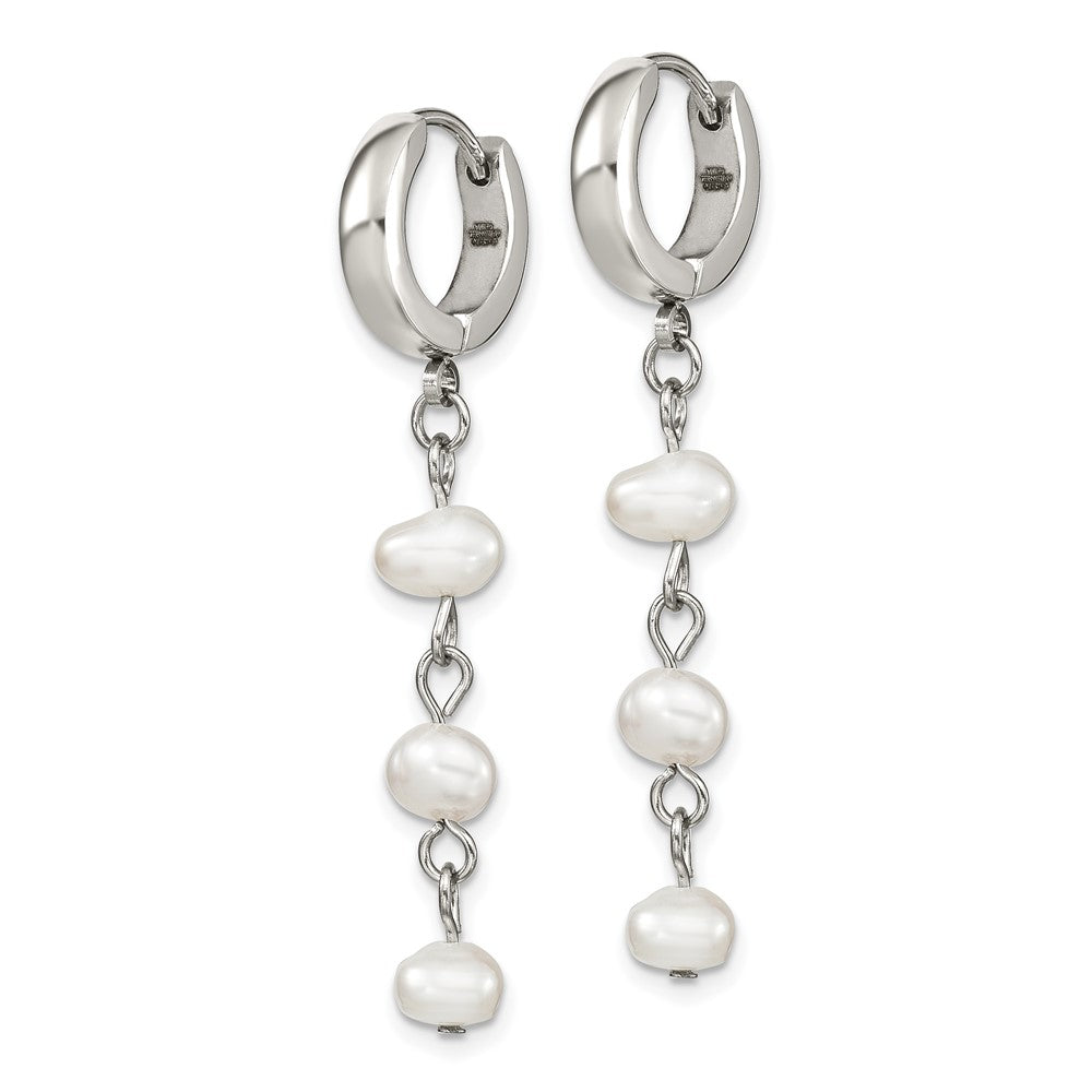 Stainless Steel Polished w/Freshwater Cultured Pearl Hinged Hoop Earrings
