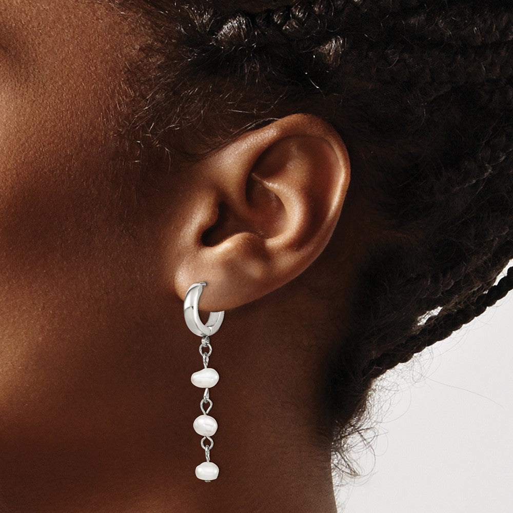 Stainless Steel Polished w/Freshwater Cultured Pearl Hinged Hoop Earrings