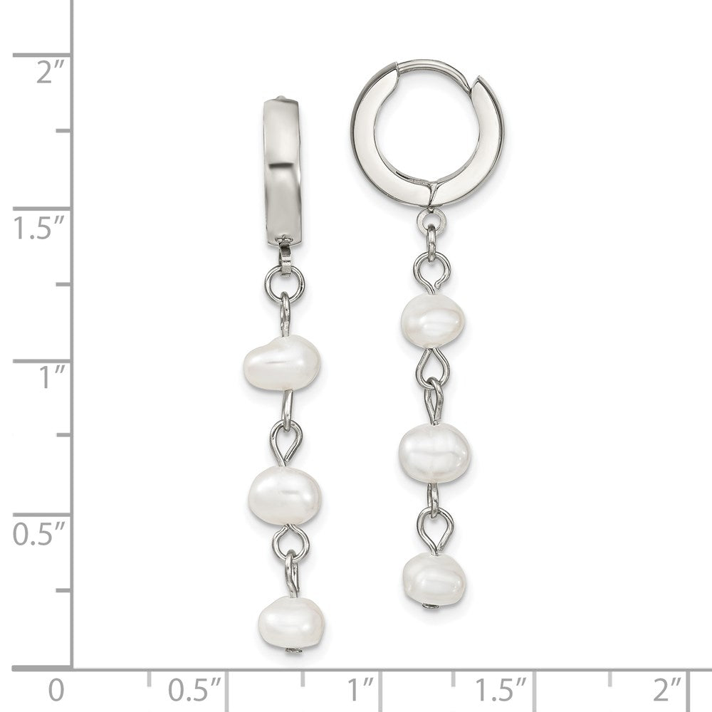 Stainless Steel Polished w/Freshwater Cultured Pearl Hinged Hoop Earrings