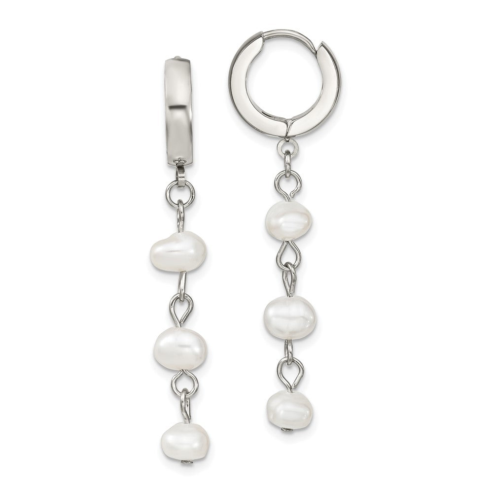 Stainless Steel Polished w/Freshwater Cultured Pearl Hinged Hoop Earrings