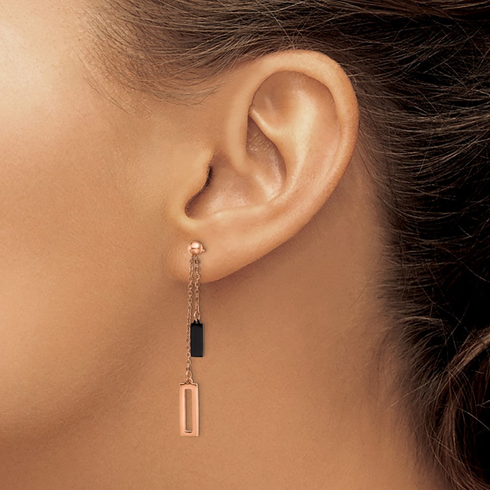 Stainless Steel Polished Rose and Black IP-plated Post Dangle Earrings