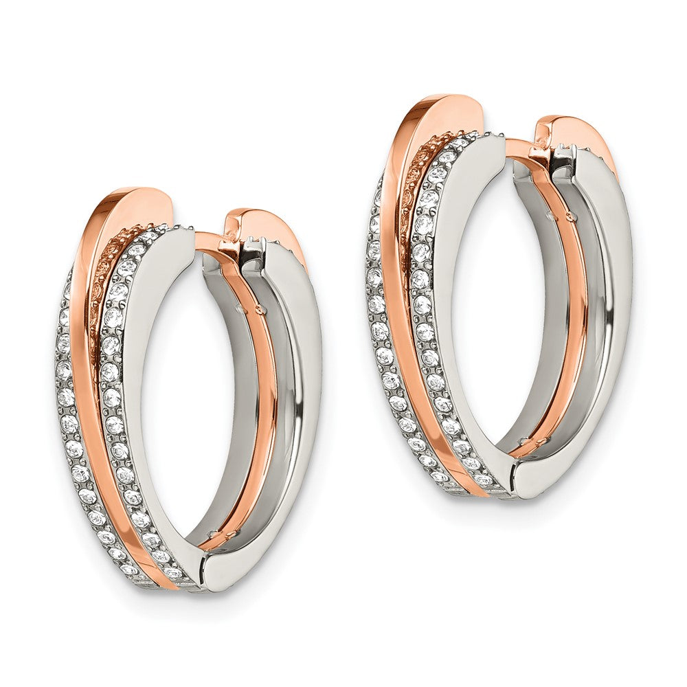 Stainless Steel Polished Rose IP with Swarovski Heart Hinged Hoop Earrings