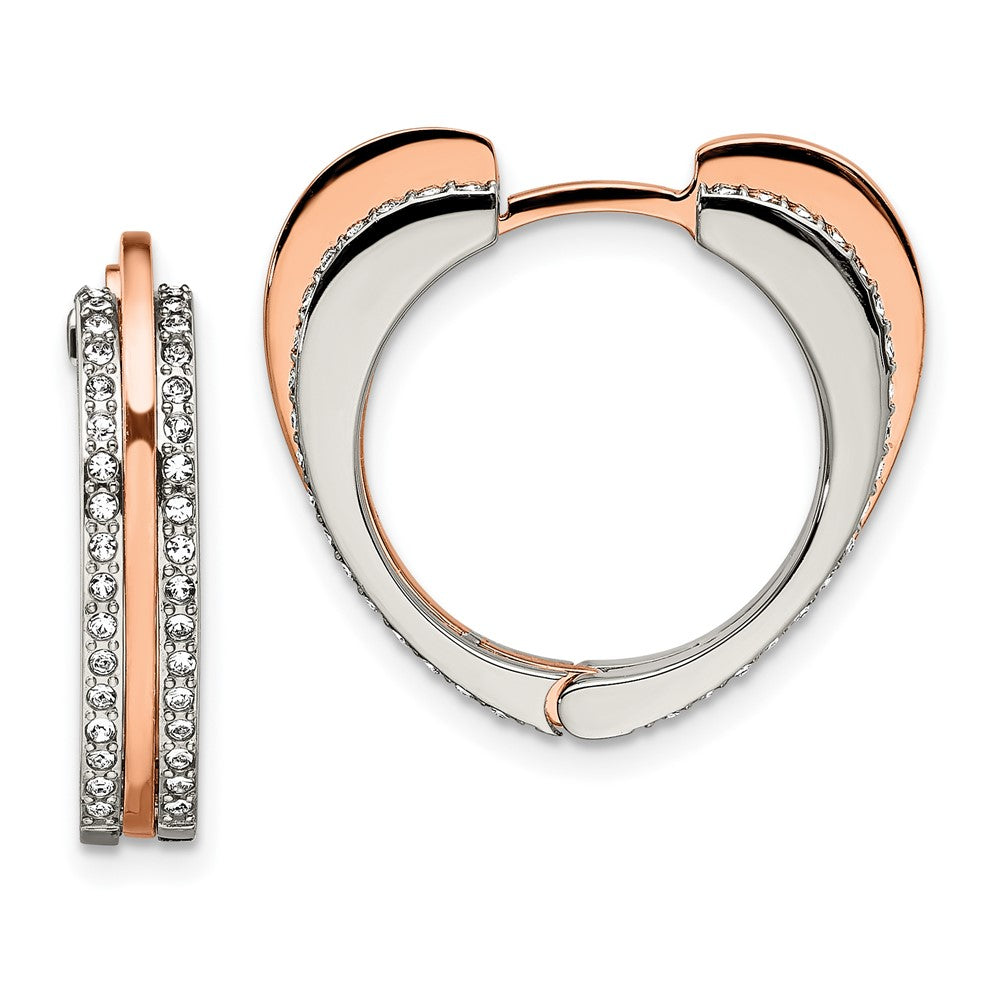 Stainless Steel Polished Rose IP with Swarovski Heart Hinged Hoop Earrings