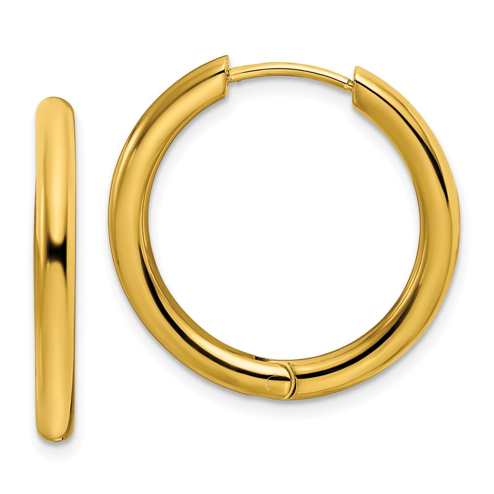 Stainless Steel Polished Yellow IP-plated 3mm Hinged Hoop Earrings