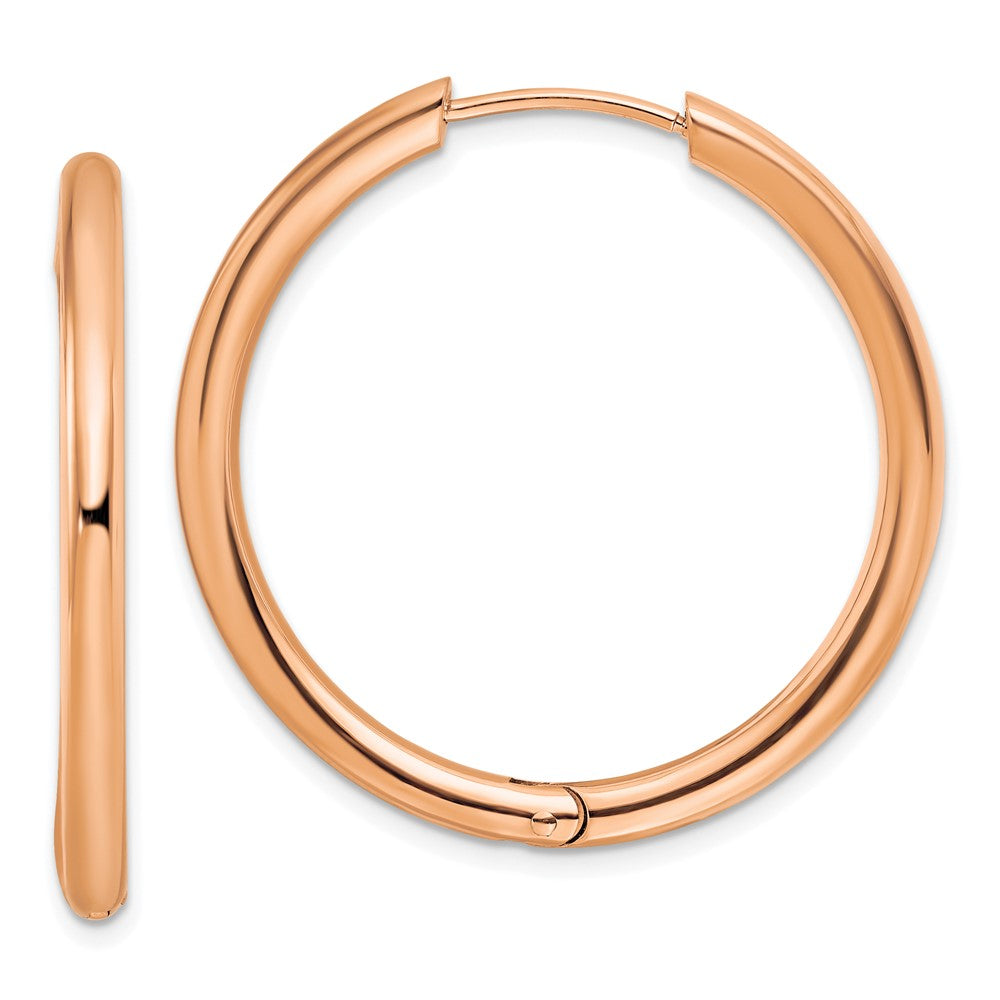 Stainless Steel Polished Rose IP-plated 3mm Hinged Hoop Earrings