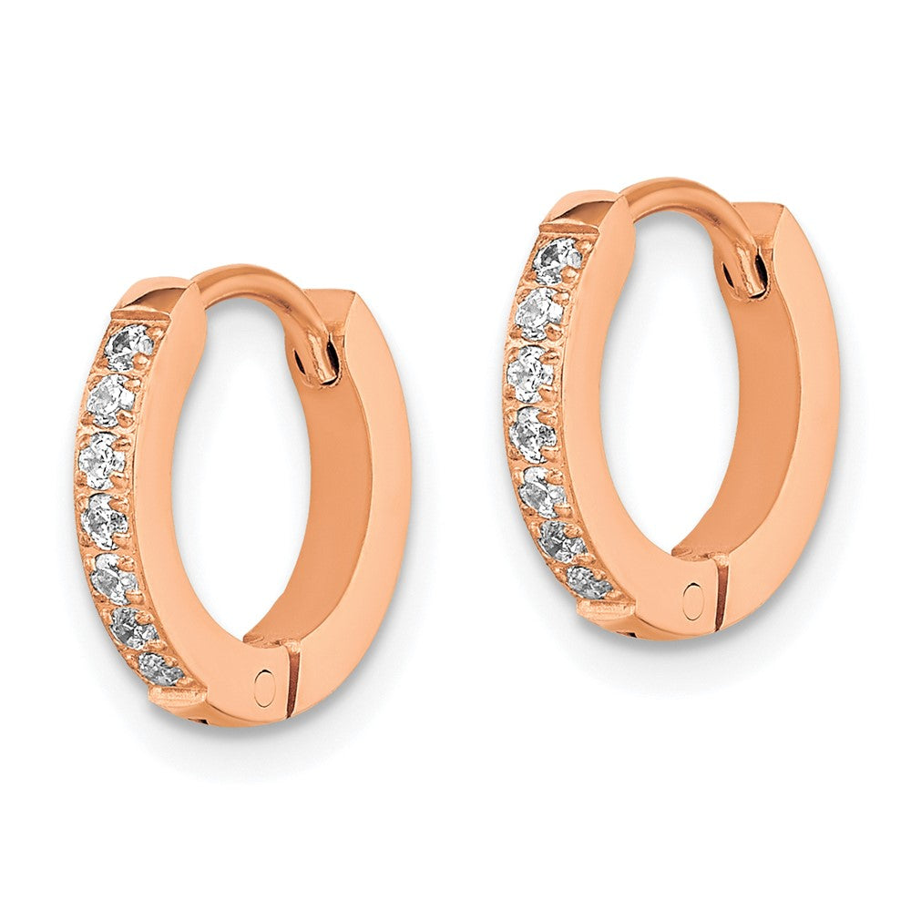 Stainless Steel Polished Rose IP w/Preciosa Crystal Hinged Hoop Earrings