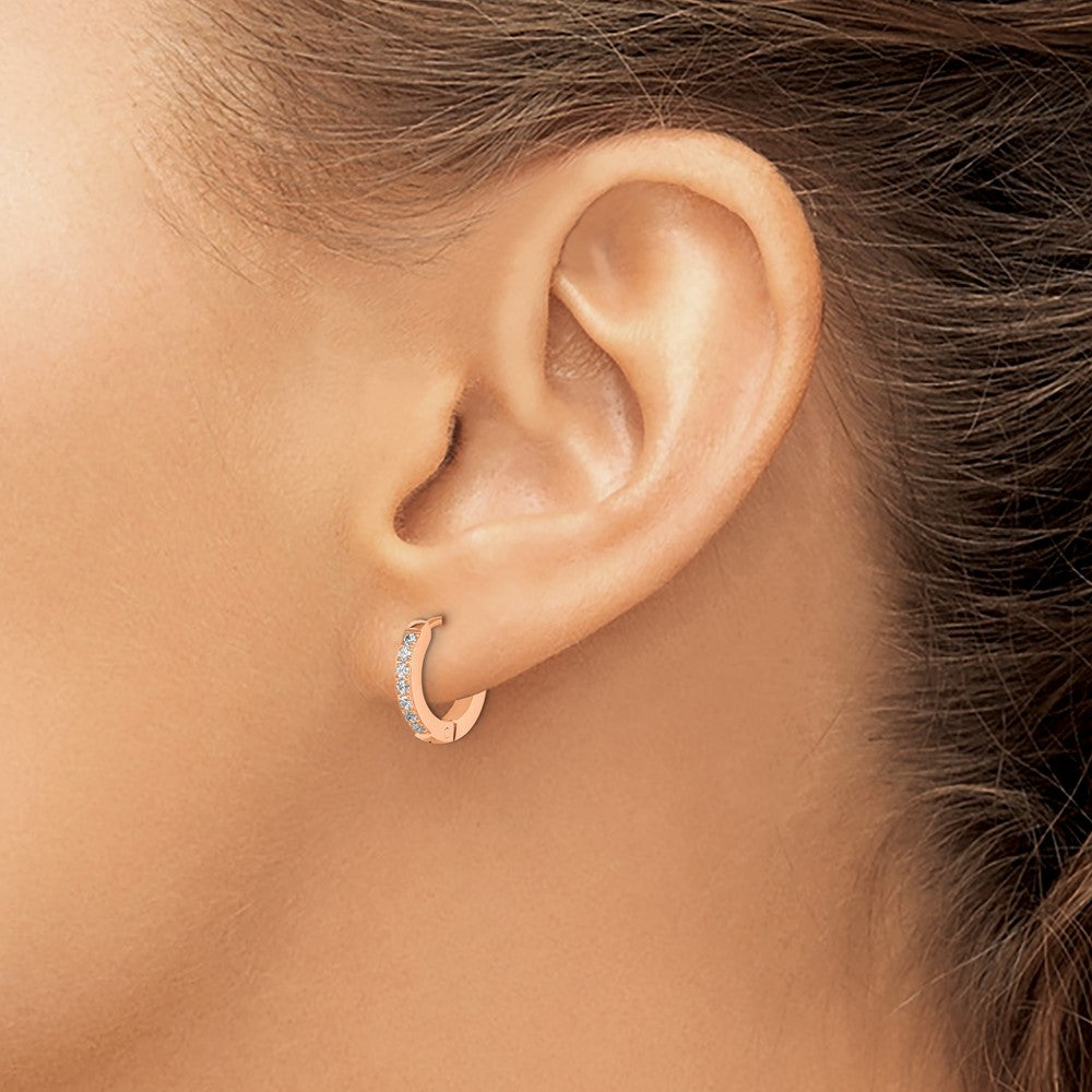 Stainless Steel Polished Rose IP w/Preciosa Crystal Hinged Hoop Earrings