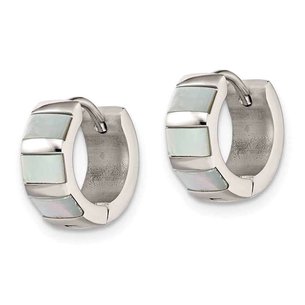 Stainless Steel Polished with Shell Pearl 5mm Hinged Hoop Earrings
