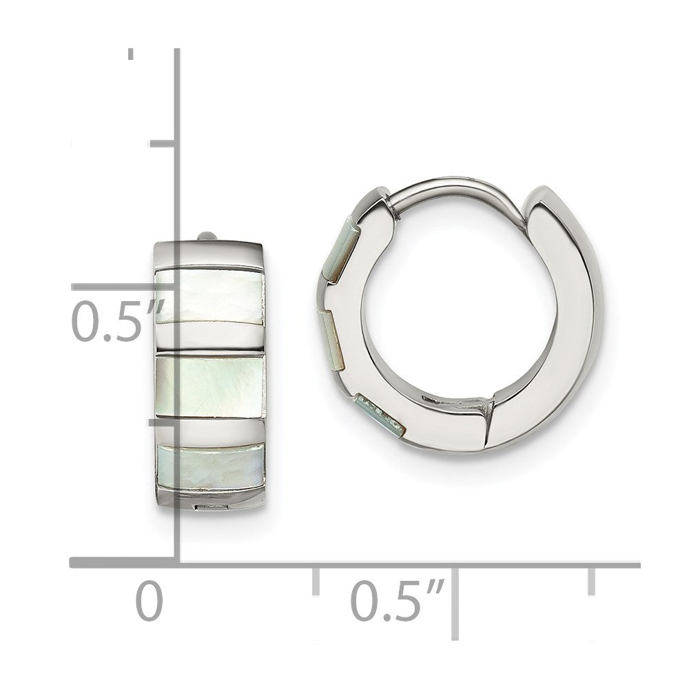 Stainless Steel Polished with Shell Pearl 5mm Hinged Hoop Earrings