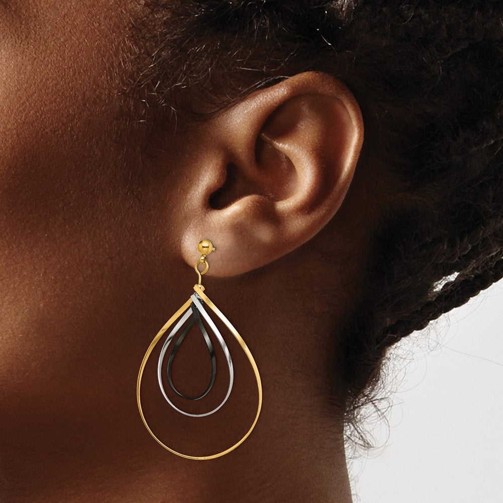 Stainless Steel Polished Black and Yellow IP Twisted Post Dangle Earrings