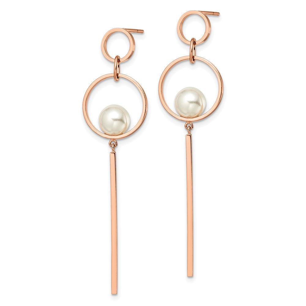 Stainless Steel Polished Rose IP-plated Simulated Pearl Post Dangle Earring