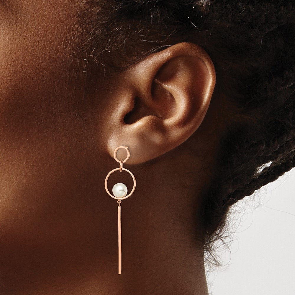 Stainless Steel Polished Rose IP-plated Simulated Pearl Post Dangle Earring