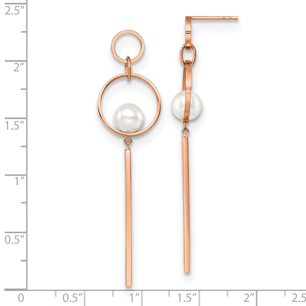 Stainless Steel Polished Rose IP-plated Simulated Pearl Post Dangle Earring