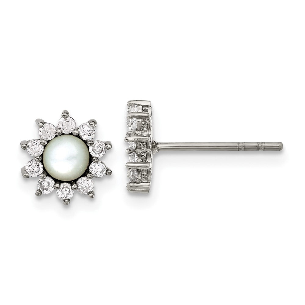 Stainless Steel Polished Mother of Pearl and CZ Earrings