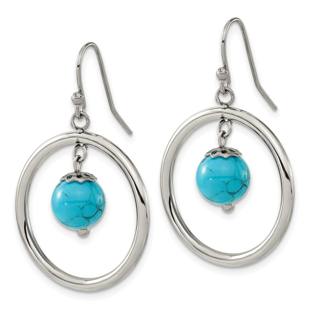 Stainless Steel Polished with Syn. Turquiose Dangle Shepherd Hook Earrings