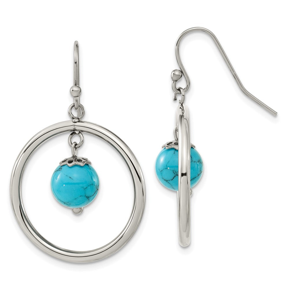 Stainless Steel Polished with Syn. Turquiose Dangle Shepherd Hook Earrings