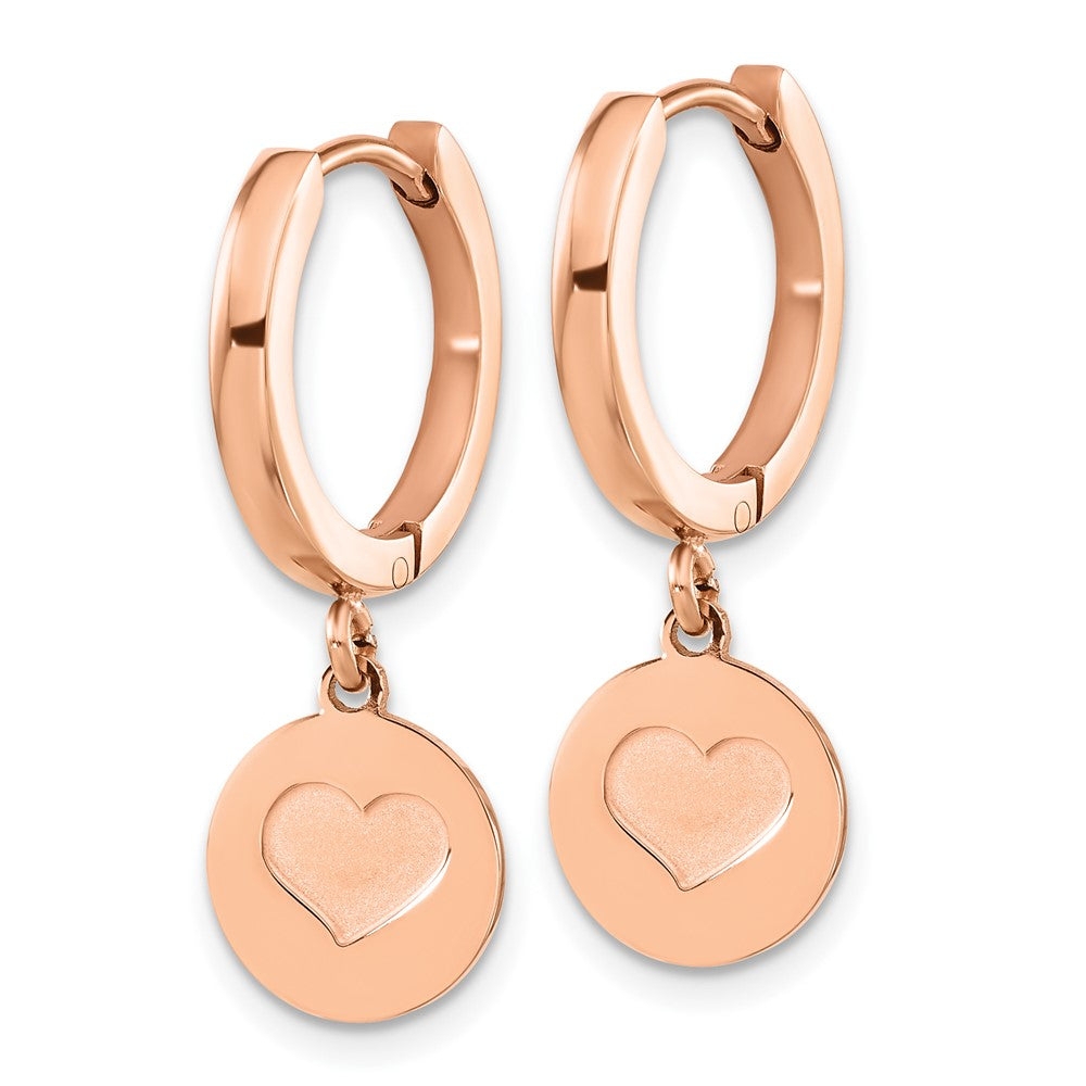 Stainless Steel Polished Rose IP-plated Heart Dangle Hoop Earrings