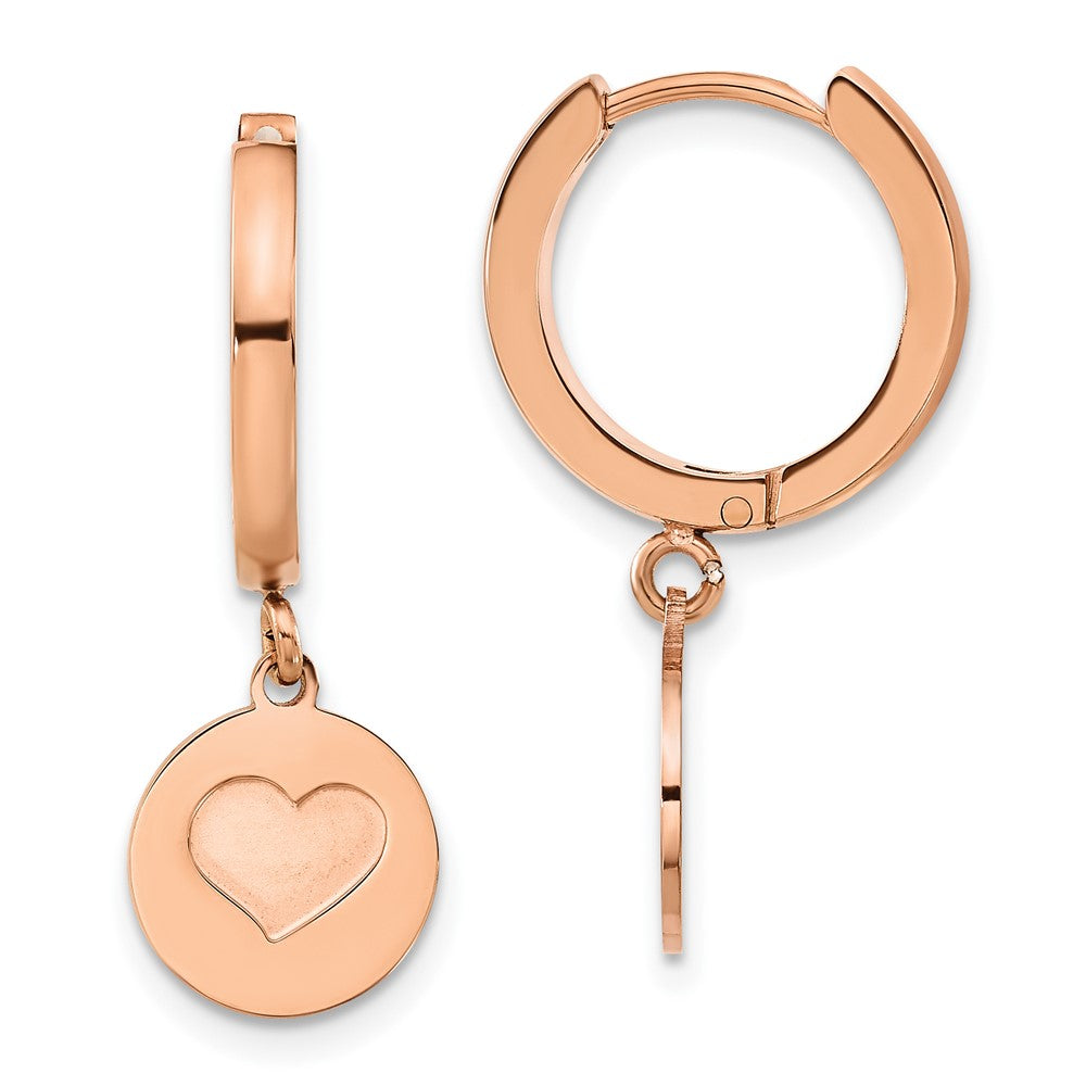 Stainless Steel Polished Rose IP-plated Heart Dangle Hoop Earrings