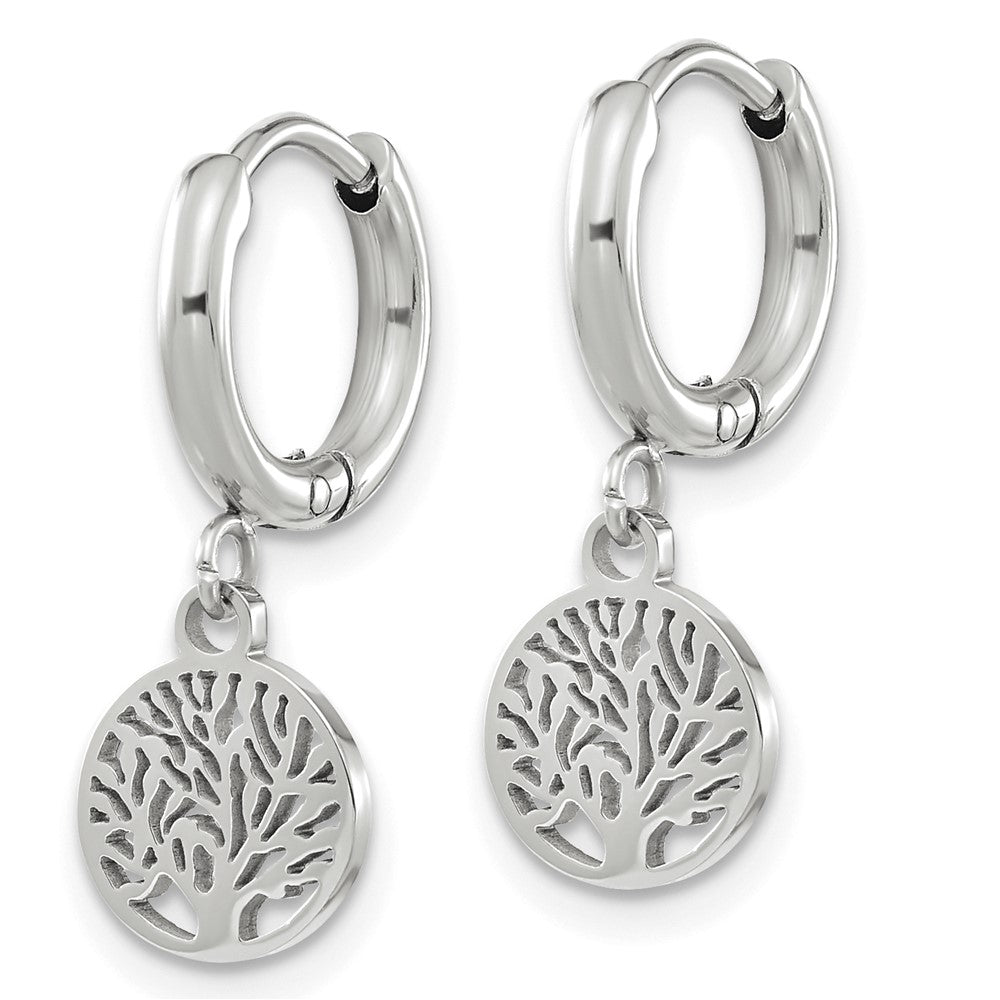 Stainless Steel Polished Tree Dangle Hoop Earring